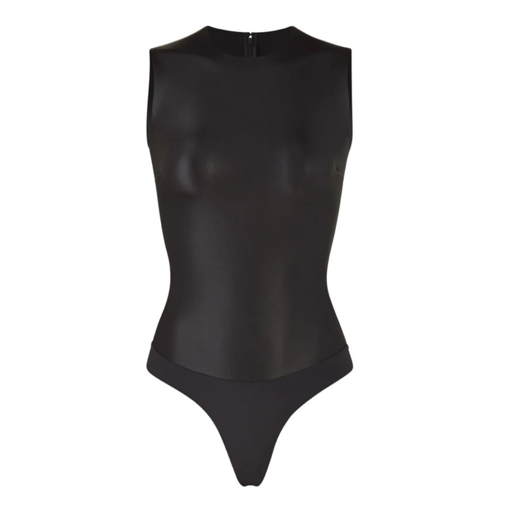 SKIMS Faux Leather Crewneck Thong Bodysuit - Onyx Black